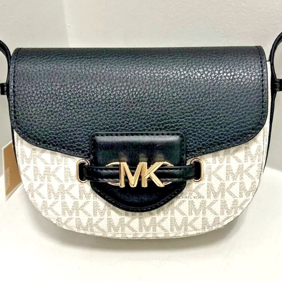 SOLD NWT Michael Kors Reed Small Logo and Leather Crossbody Bag Vanilla/Black - Picture 13 of 17